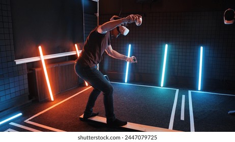 Futuristic oculus rift glasses VR studio. Technology visor simulation. Augmented eyewear headset. Virtual reality helmet gadget gaming. AR Quest goggles set. Gamer holding balance in simulator game. - Powered by Shutterstock