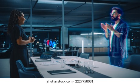 Futuristic Office Online Meeting Video Conference Call: Businesswoman and Businessman Talk using Augmented Reality Metaverse. Global Business For Virtual Remote Work. Hologram Simulation. - Powered by Shutterstock