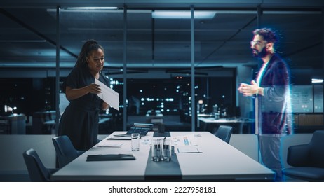 Futuristic Office Online Meeting Video Conference Call: Businesswoman and Businessman Talk using Augmented Reality Metaverse. Global e-Business For Virtual Remote Work. Hologram Simulation.
