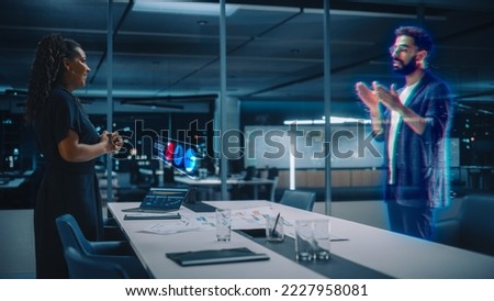 Futuristic Office Online Meeting Video Conference Call: Businesswoman and Businessman Talk using Augmented Reality Metaverse. Global Business For Virtual Remote Work. Hologram Simulation.