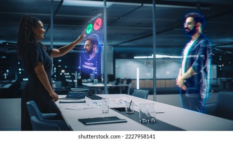 Futuristic Office Remote Meeting: Black Businesswoman Accepts Online Conference Call from Hispanic Businessman. Global e-Business Solutions For Online Distant Work. Unique 3D Hologram. - Powered by Shutterstock