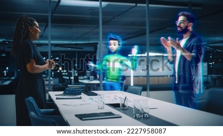 Futuristic Office Remote Meeting: Black Businesswoman Accepts Online Conference Call from Hispanic Businessman. Unique 3D Hologram of Colleague and Virtual Personal Assistant Avatar Concept.