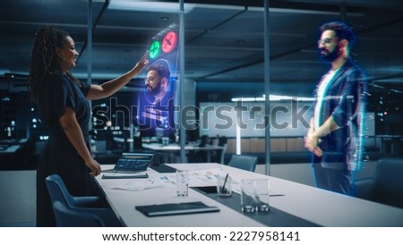 Futuristic Office Remote Meeting: Black Businesswoman Accepts Online Conference Call from Hispanic Businessman. Global e-Business Solutions For Online Distant Work. Unique 3D Hologram.