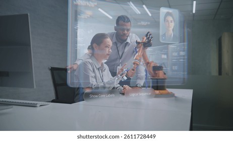 Futuristic Office: Two Diverse Engineers Working on Advanced Robotic Arm Using Augmented Reality Technology. Holographic Interface Display with AI Assistant and Data Analysis. High-Tech Innovation. - Powered by Shutterstock - Get 15% off with code: PIKWIZARD15