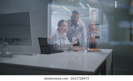 Futuristic Office: Two Diverse Engineers Working on Advanced Robotic Arm Using Augmented Reality Technology. Holographic Interface Display with AI Assistant and Data Analysis. High-Tech Innovation. - Powered by Shutterstock - Get 15% off with code: PIKWIZARD15