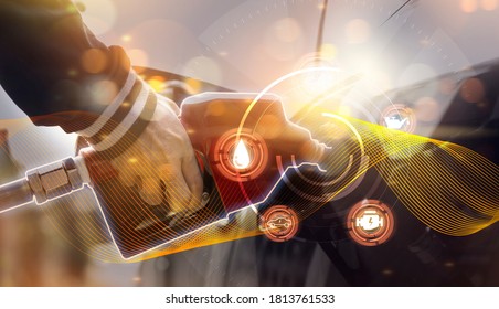 Futuristic Oil Fueling Concept Modern Icon, Refilling Refueling Car Vehicle Transportation Station, Power Energy Restoring, Close Up Man Using Oil Gasoline Pump At Petrol Gas Station Resource Energy