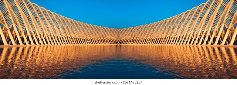 Futuristic olimpic complex in Athens with reflections in the lake at sunset