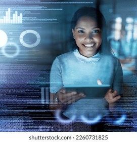 Futuristic overlay, tablet and portrait of woman with smile for website, data analysis and networking. Digital transformation, fintech and girl with tech user interface, cyber hologram and 3d screen - Shutterstock ID 2260731825