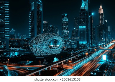 Futuristic photo of Museum of the future in Dubai at night. Busy city life. Traffic on the highway.

Translation: "We won't live for hundreds of years, but the products of our creativity can leave" - Powered by Shutterstock