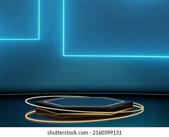 Futuristic podium and background concept. Hexoganal stage platform with yellow rings and background with blue LED light for product display advertising 3D render - Powered by Shutterstock