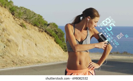 A futuristic portrait of a sportswoman, uses a digital hologram rhythm of speed and movement in the phone, the background of the sea. Concept: future technologies, love sports, jogging, sportswear. - Powered by Shutterstock