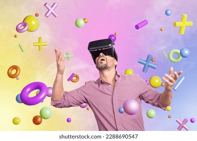 Futuristic poster banner collage of shocked guy catch falling floating math symbols search winning elements