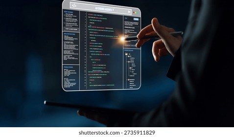 Futuristic Programmer Using Holographic Interface to Write Code and Develop Software Solutions in Dark Environment with Soft Light Accents Quark. - Powered by Shutterstock - Get 15% off with code: PIKWIZARD15