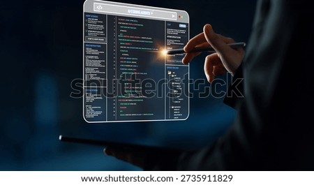 Futuristic Programmer Using Holographic Interface to Write Code and Develop Software Solutions in Dark Environment with Soft Light Accents Quark.