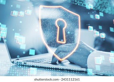 A futuristic representation of cybersecurity with a digital shield and lock symbol on a background of binary code