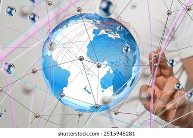 A futuristic representation of global connectivity, showcasing a digital globe surrounded by interconnected lines and nodes, symbolizing technology and communication.