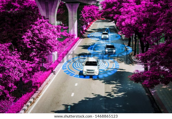 Futuristic road genius intelligent self driving\
smart cars,Artificial Intelligence system,Detecting\
objects,changing wrong lanes car,concept future vehicle safety\
accident reduction highway and\
city