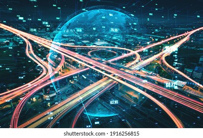 Futuristic road transportation technology with digital data transfer graphic showing concept of traffic big data analytic and internet of things .