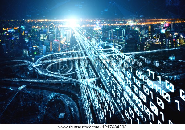 Futuristic road transportation technology with digital\
data transfer graphic showing concept of traffic big data analytic\
and internet of things\
.