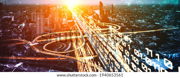 Futuristic road transportation technology with digital
data transfer graphic showing concept of traffic big data analytic
and internet of things
.