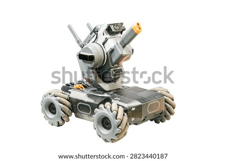 Futuristic robot with advanced technology, featuring cylindrical body, mechanical appendages, sensors, weapon or tool, metallic finish, even lighting, white background
