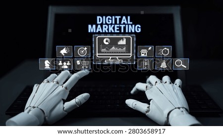 Futuristic Robot Hand Engaging with Digital Marketing Tools through Computer Screen and Data Visualizations in Modern Workspace Quark.