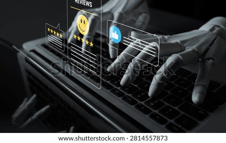 Futuristic Robot Hand Interacting with Digital User Reviews and Ratings on Laptop Keyboard in Modern Work Environment