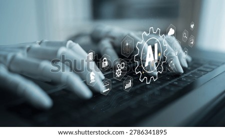 Futuristic Robot Hands Typing on a Keyboard with AI-Related Icons, Symbolizing Advanced Technology and Digital Transformation in Modern Workspace Quark.