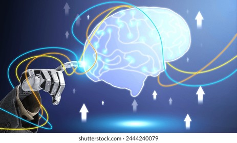 Futuristic robot technology development, artificial intelligence AI touch big data of Global network connection, Internet and digital technology. Machine learning concept.