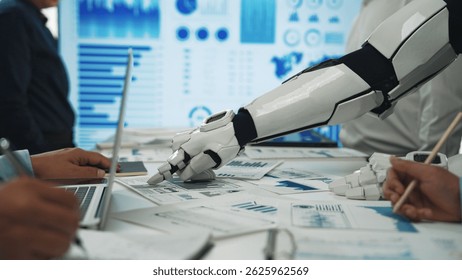 A futuristic robotic arm interacts with data charts and reports in a modern office space, highlighting collaboration between technology and human expertise in data analysis.Noogenesis