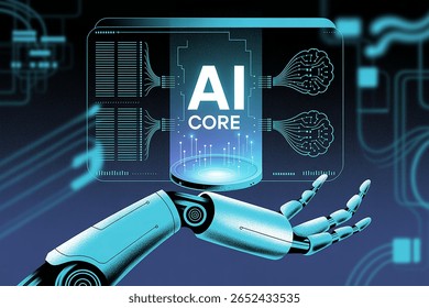 A futuristic robotic arm showcases the core concept of Artificial Intelligence (AI), highlighting its potential for the future. Digital components and a glowing blue circuit board represent.