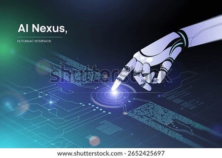 A futuristic robotic hand extends, its metallic fingers poised to interact with a vibrant, glowing digital interface. This compelling image showcases the convergence of AI.