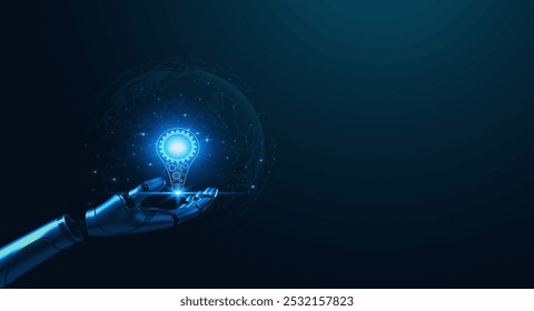 A futuristic robotic hand holds a glowing light bulb, symbolizing innovation and technology in a digital world. - Powered by Shutterstock