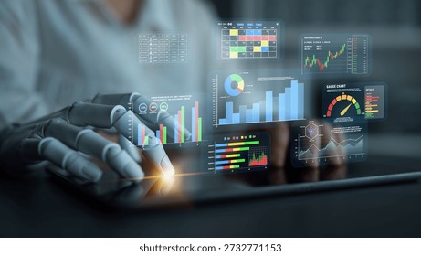 Futuristic Robotic Hand Interacting with Data Visualization on Tablet Screen in Modern Office Setting Quark.