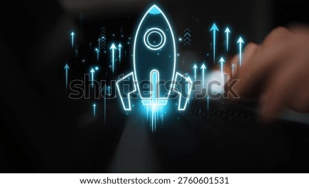 Futuristic Rocket Launch Graphic with Glowing Effects, Digital Innovation, Space Exploration Concept, Technology and Growth Representation Sigmoid