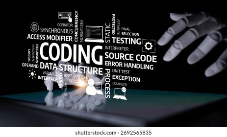 Futuristic scene representing coding concepts with hands interacting on a touchscreen device displaying essential programming terms for software development and problem-solving. Tessel