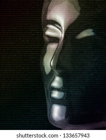 futuristic science theme showing a opalescent and translucent reflective human head made of glass and lots of binary code in black back