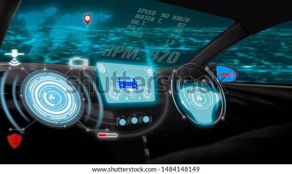 Futuristic screen dashboard graphic user\
interface(GUI)digital hologram,virtual screen system HUD(Head Up\
Display)of futuristic vehicle smart car cockpit,with self driving\
mode autonomous\
control