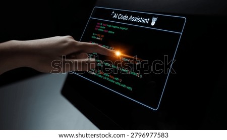 Futuristic Screen Displaying AI Code Assistant with Hand Interaction and Colorful Programming Code Syntax Highlighting in a Dark Environment