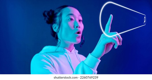 Futuristic, search engine or woman in metaverse on purple background for research on neon digital overlay. Wow, virtual reality user or Asian fantasy person typing on 3d ai website for data in studio