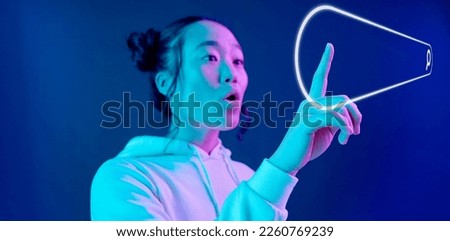 Futuristic, search engine or woman in metaverse on purple background for research on neon digital overlay. Wow, virtual reality user or Asian fantasy person typing on 3d ai website for data in studio
