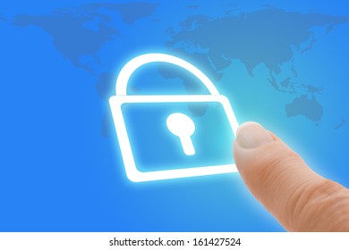 Futuristic Security Touch Screen Finger Pointing to Padlock Icon on Computer Tablet Source Map Reference: http://www.nasa.gov/images/content/484444main_firemap-2048x1024.jpg 