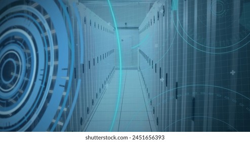 A futuristic server room with blue lighting, with copy space. Digital interfaces suggest advanced technology in a data center environment.