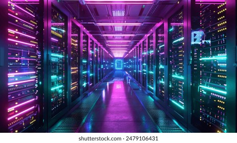 Futuristic server room with glowing neon lights. 3D rendering