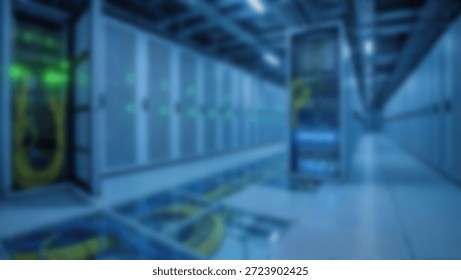 Futuristic Server Room Glows with Data Flow and Tech Infrastructure.