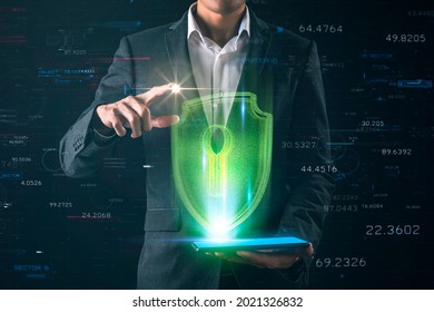 Futuristic Shield Guard Icon And Businessman, Finance Security Banking Online, Future Digital Money And Financial Investment Safe And Secure.