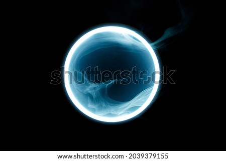 Futuristic smoke. Neon green color geometric circle on a dark background. Round mystical portal. Mockup for your logo.