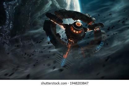 Futuristic space station in deep space. Sci-fi wallpaper. This image elements furnished by NASA - Shutterstock ID 1948203847