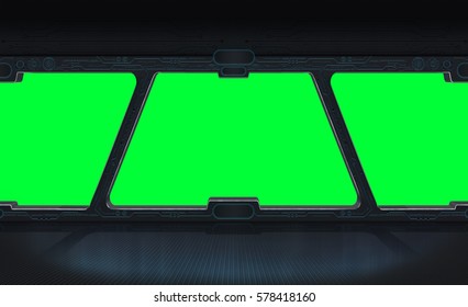 Futuristic Space Station Window With Green Background 3D Rendering 