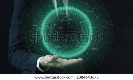 Futuristic sphere consisting of connection network server, neural bundle of big data cyber space metaverse, tech business analytical, Business developer hand showing innovation digital technology